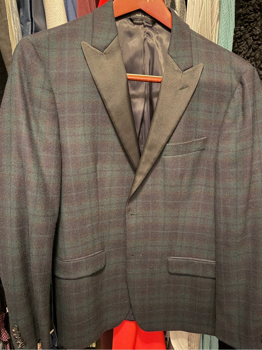 Men's Dark Green/Blue Plaid Peak Lapel Blazer